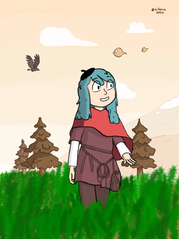 Zeichnung von Hilda aus der Serie Hilda in der Kleidung von Ronja Räubertochter. Sie läuft über eine Wiese.
